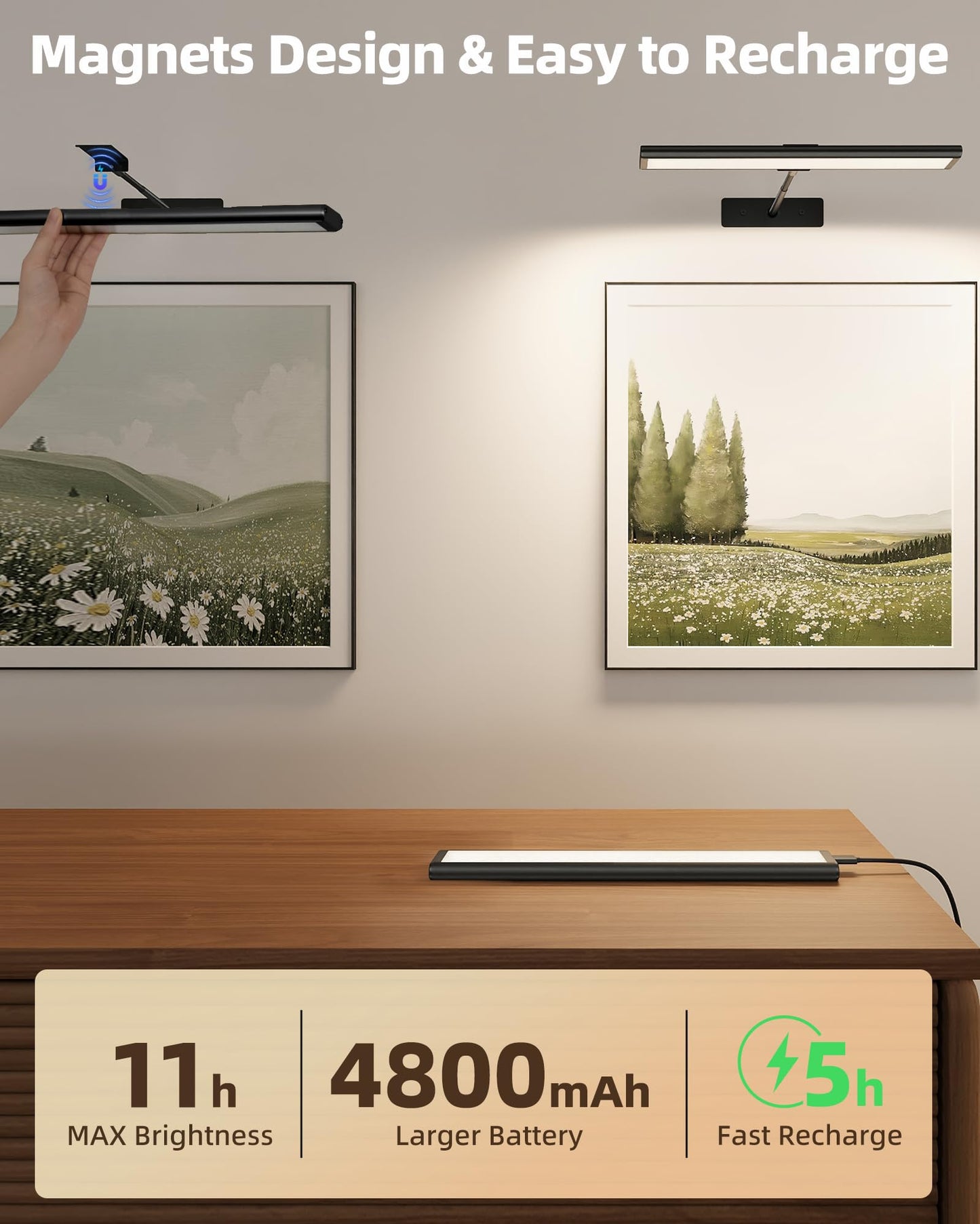 EZVALO Picture Light for Wall, 4800mAh Rechargeable Wireless Remote, 16in Dimmable Magnetic LED Art Display Light with 3 Color Temperatures, for Gallery, Living Room, Bedroom, Hallway (Gold)
