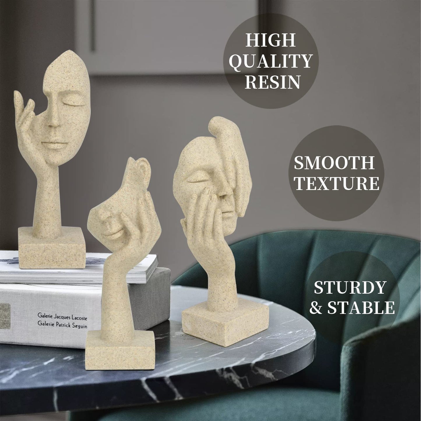 3 Pcs Thinker Statue,Modern Home Resin Sculptures,Collectible Figurines for Home Office Bookshelf Desktop Decor(Sandstone)