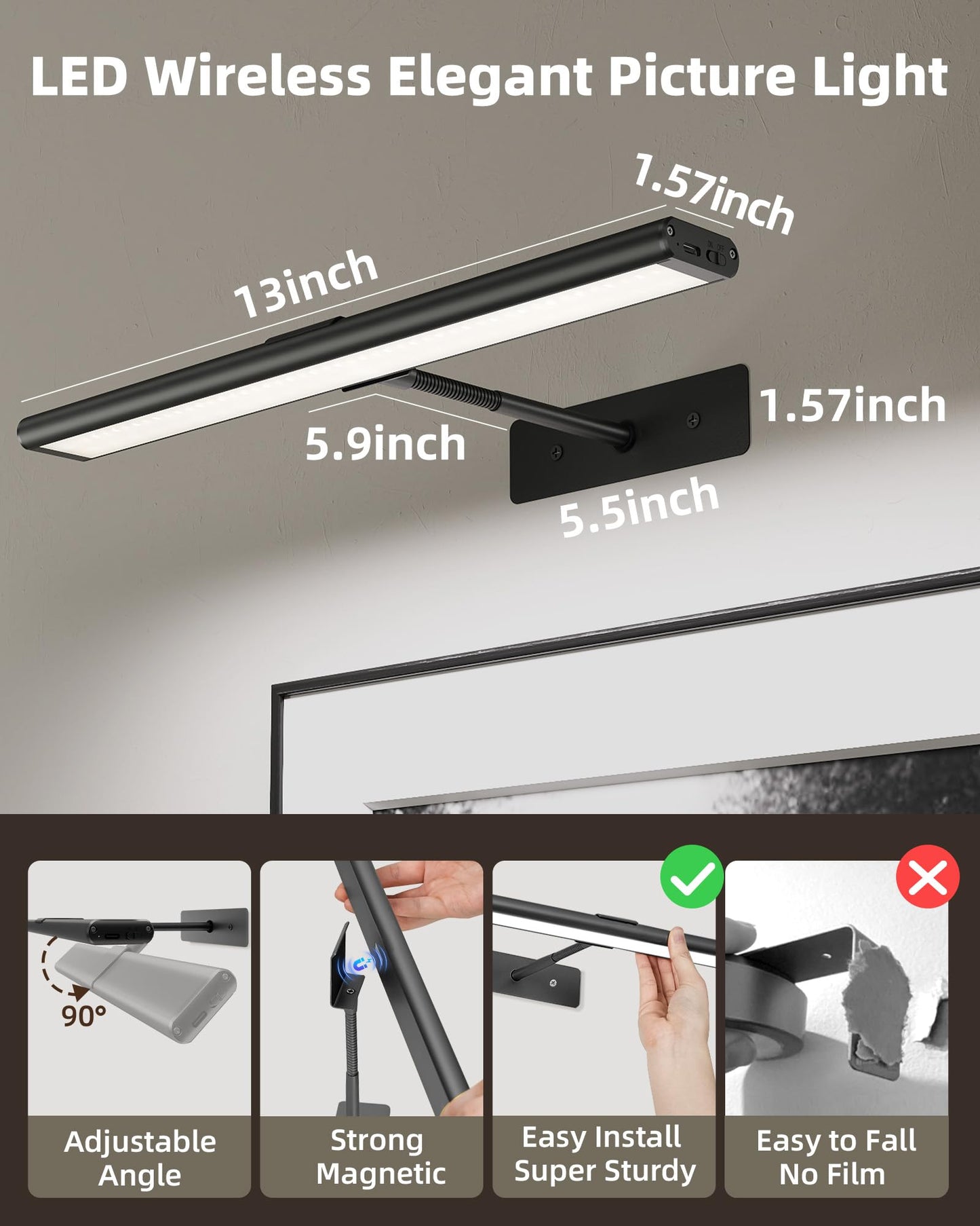 EZVALO Picture Light for Wall, 4800mAh Rechargeable Wireless Remote, 16in Dimmable Magnetic LED Art Display Light with 3 Color Temperatures, for Gallery, Living Room, Bedroom, Hallway (Gold)