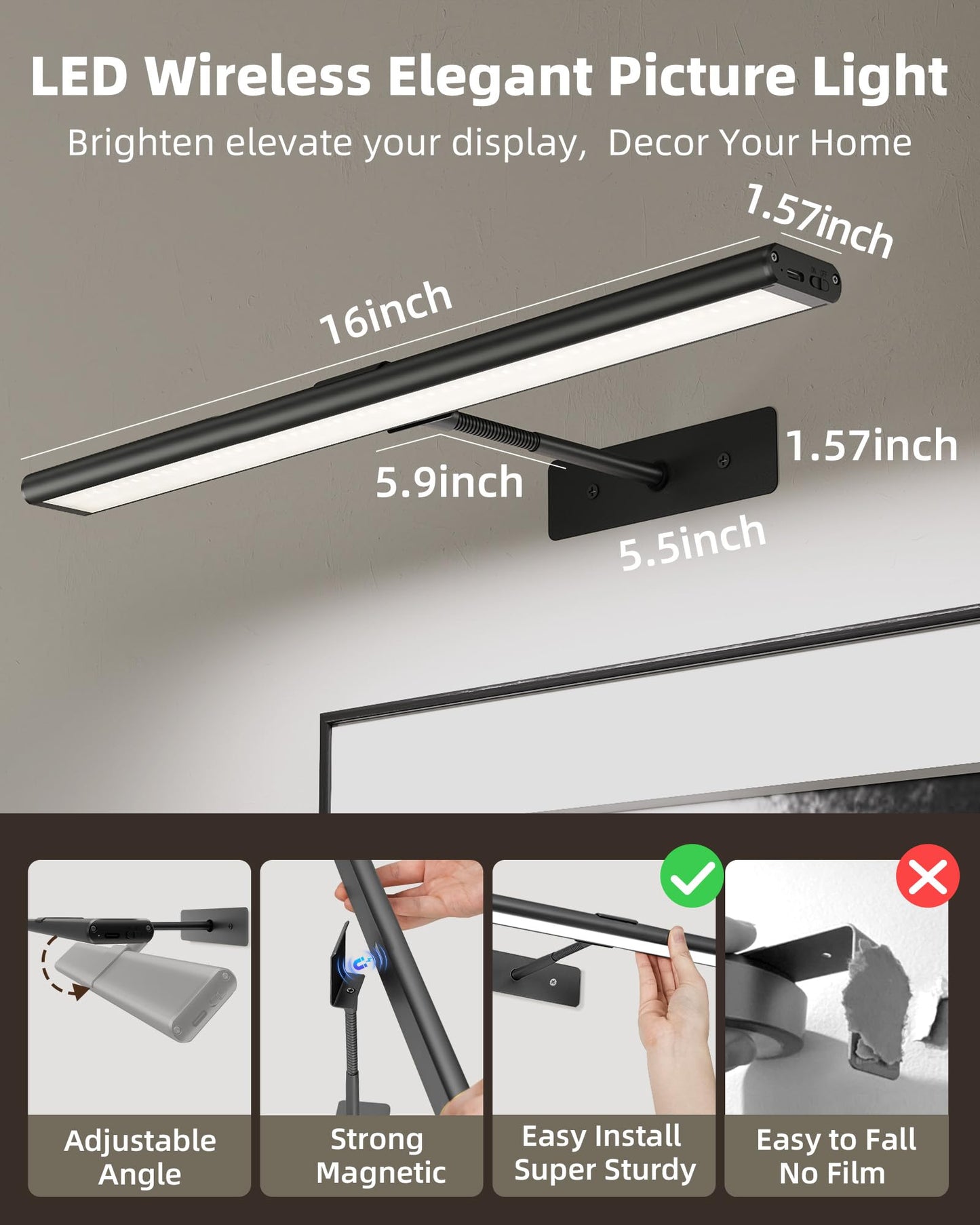 EZVALO Picture Light for Wall, 4800mAh Rechargeable Wireless Remote, 16in Dimmable Magnetic LED Art Display Light with 3 Color Temperatures, for Gallery, Living Room, Bedroom, Hallway (Gold)