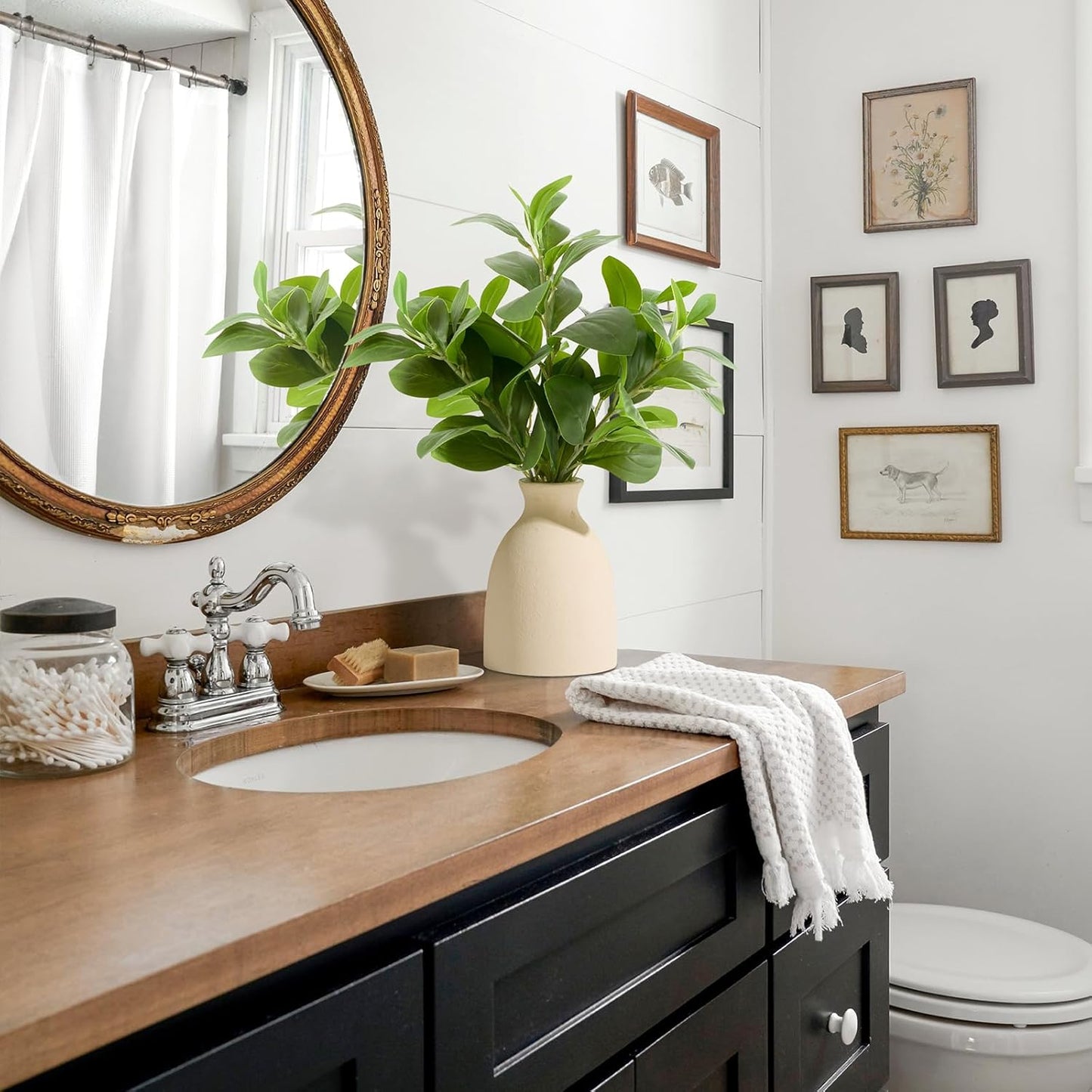 16" Artificial Eucalyptus Stems Potted Plant Indoor Fake Plants - Realistic Greenery with Vase, Small Artificial Office Desk Plants in Pots for Home Decor Weddings Centerpieces