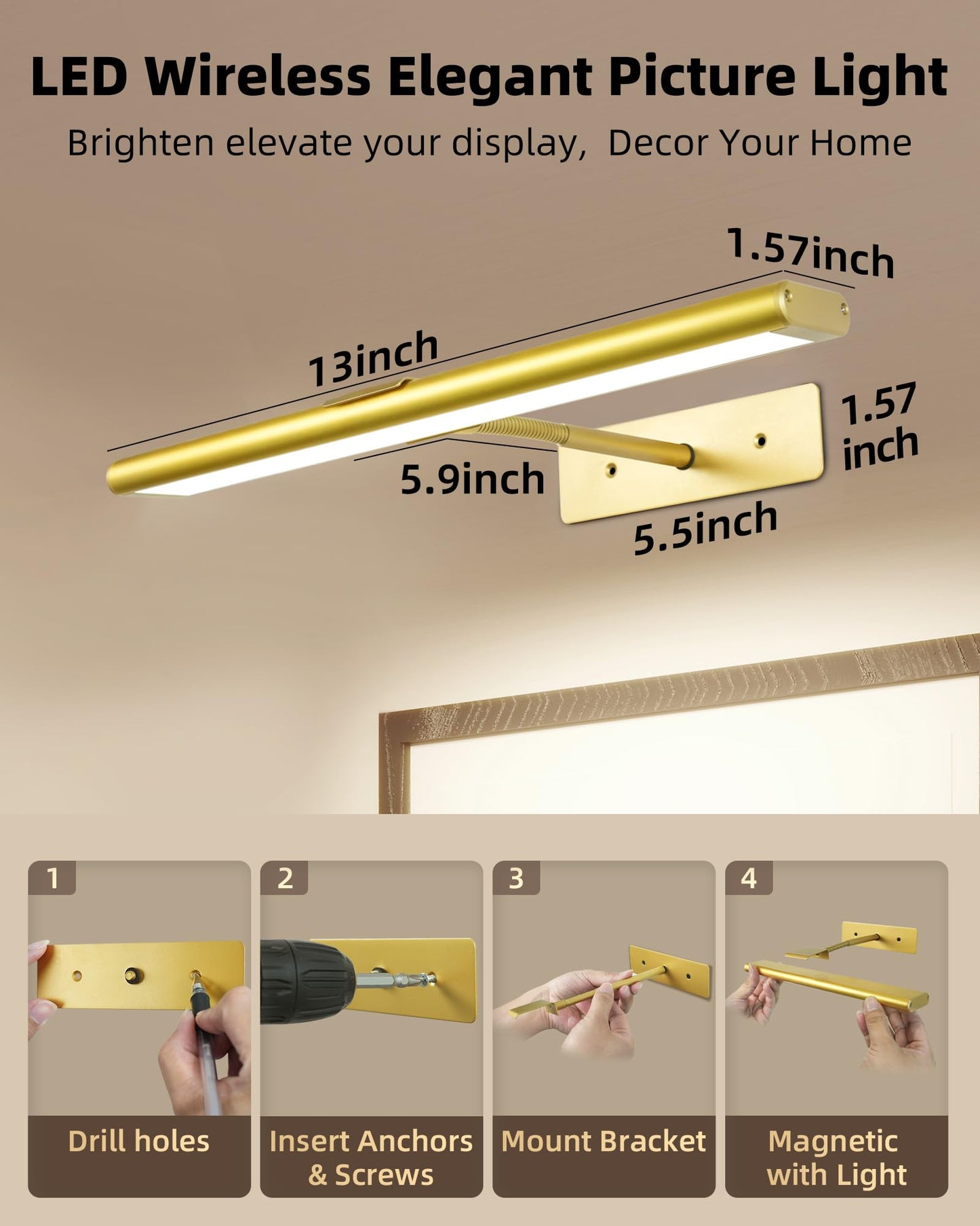 EZVALO Picture Light for Wall, 4800mAh Rechargeable Wireless Remote, 16in Dimmable Magnetic LED Art Display Light with 3 Color Temperatures, for Gallery, Living Room, Bedroom, Hallway (Gold)