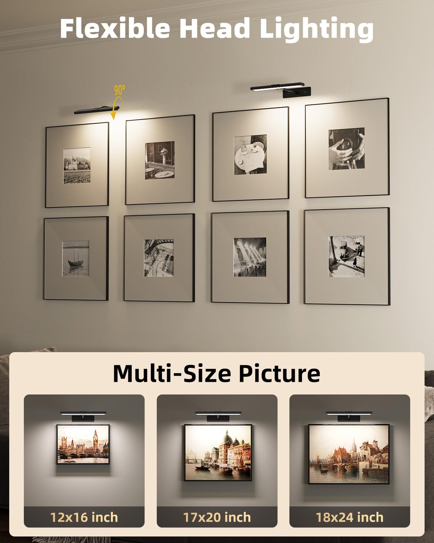 EZVALO Picture Light for Wall, 4800mAh Rechargeable Wireless Remote, 16in Dimmable Magnetic LED Art Display Light with 3 Color Temperatures, for Gallery, Living Room, Bedroom, Hallway (Gold)