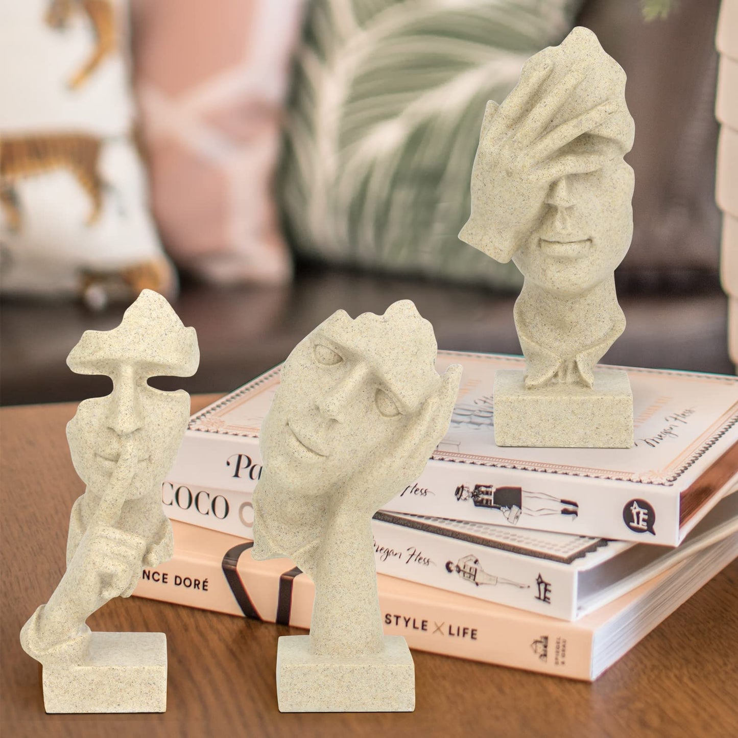 3 Pcs Thinker Statue,Modern Home Resin Sculptures,Collectible Figurines for Home Office Bookshelf Desktop Decor(Sandstone)