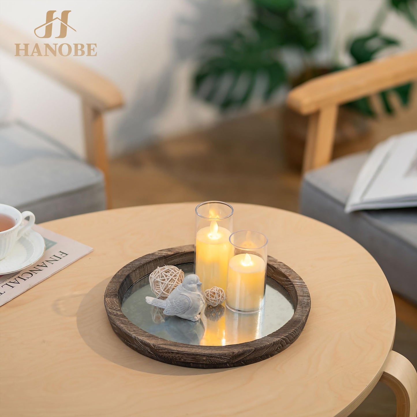 Hanobe Candle Plate Holder Tray: Round Wood Decorative Candle Plate - Rustic Farmhouse CoffeeTable Decor - Tealight Pillar Trays for Home Decor (Distressed)