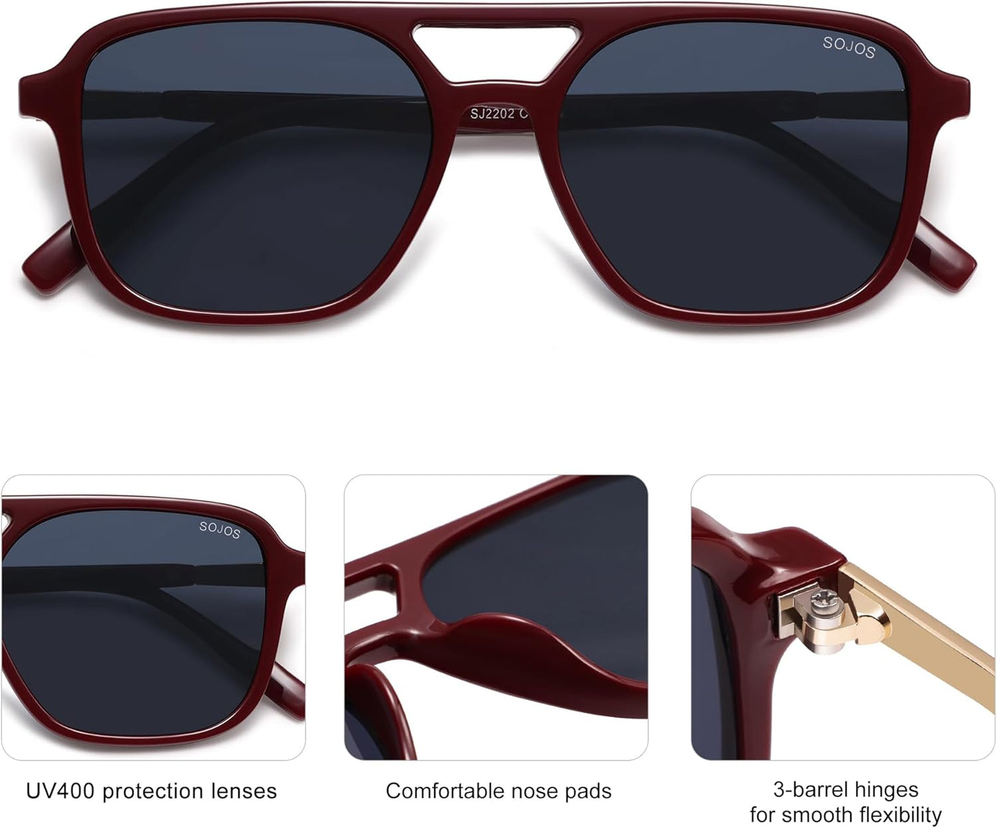SOJOS Retro Aviator Sunglasses for Women Men,Trendy Rectangle Womens Mens Shades Sun Glasses SJ2202
