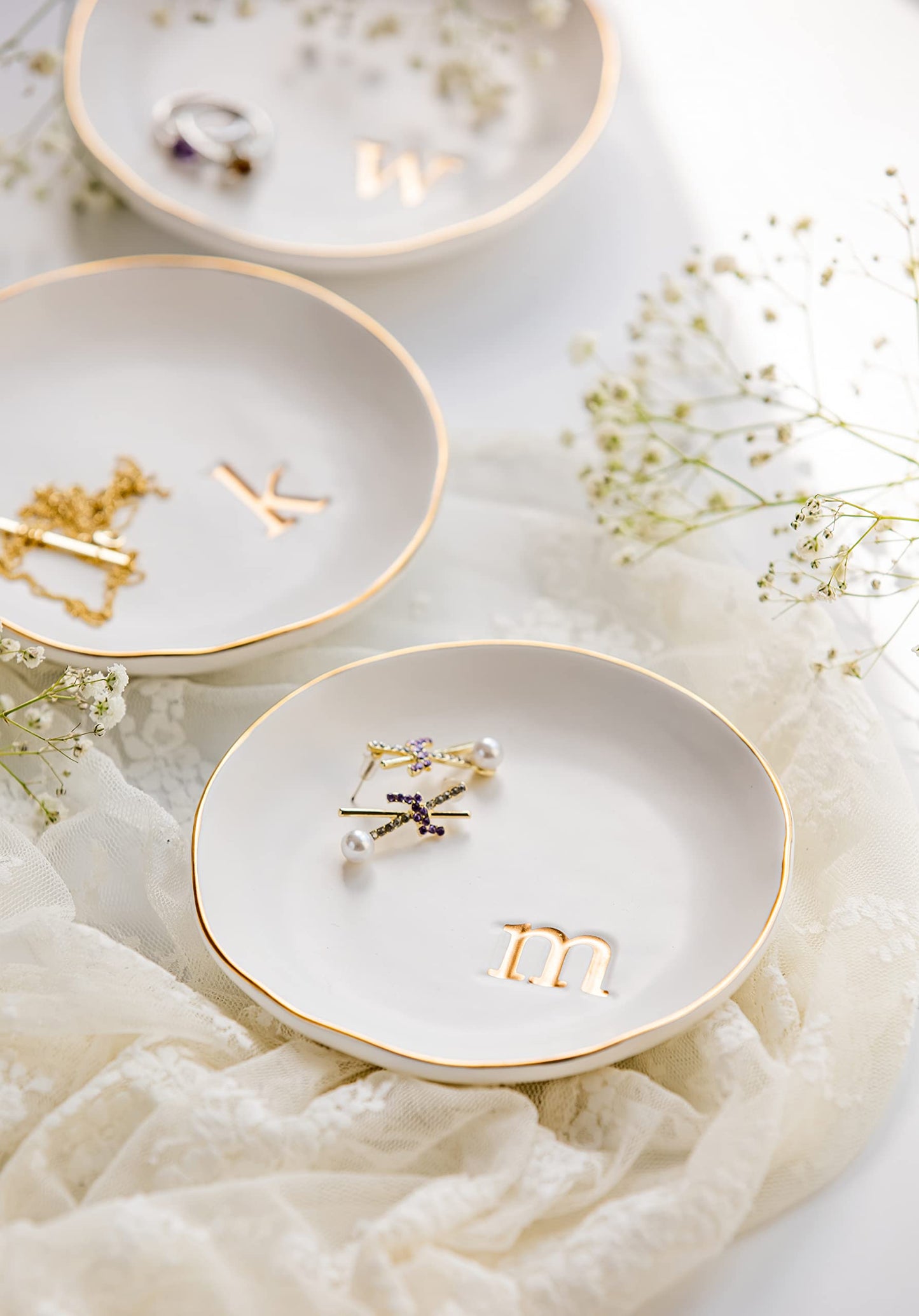 COLLECTIVE HOME - Ceramic Jewelry Tray, Decorative Trinket Dish for Rings Earrings Necklaces Bracelet Watch Keys, Birthday Mother's Day Christmas Gift for Women, 4.75", White Surface (M)