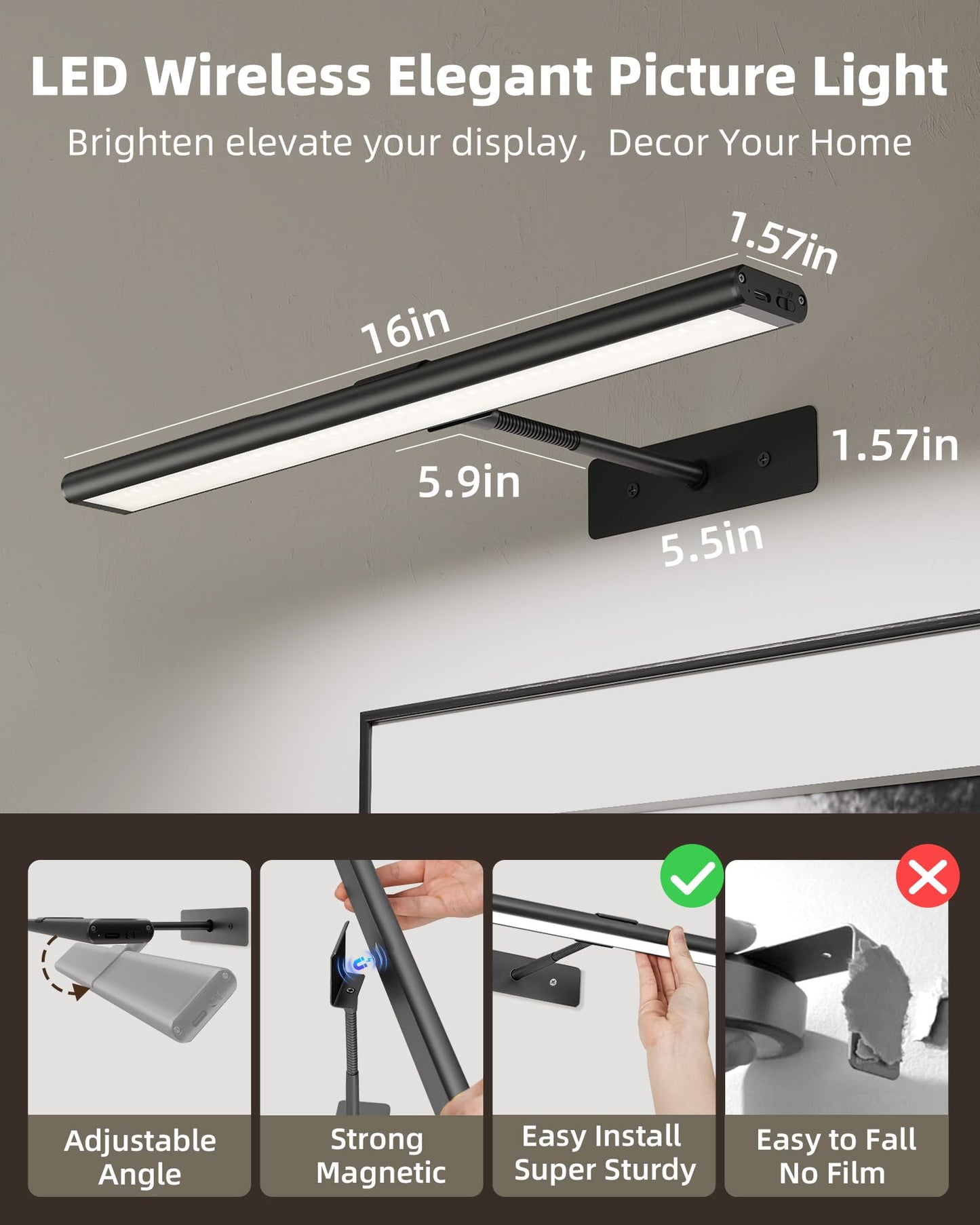 EZVALO Picture Light for Wall, 4800mAh Rechargeable Wireless Remote, 16in Dimmable Magnetic LED Art Display Light with 3 Color Temperatures, for Gallery, Living Room, Bedroom, Hallway (Gold)