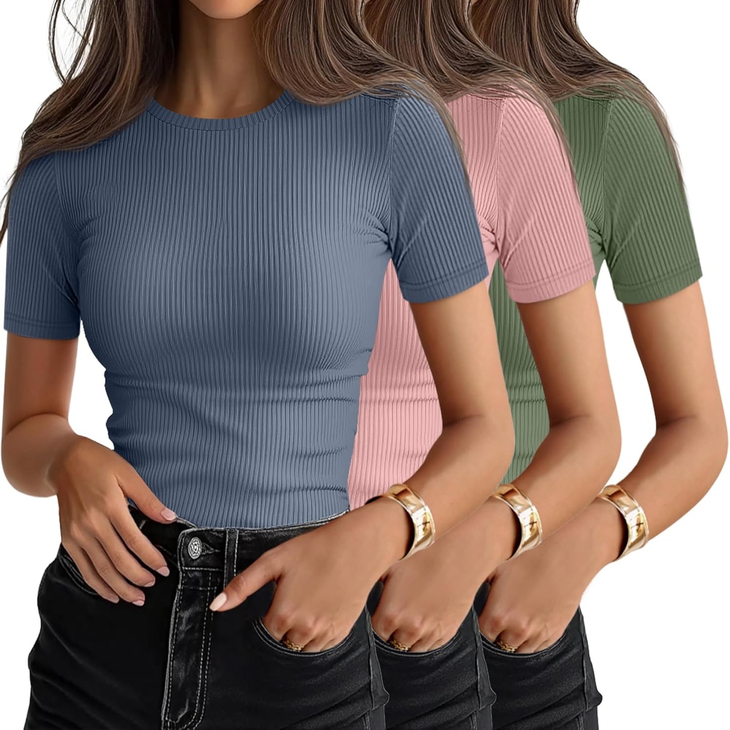 Ficerd 3 Pack Women's Ribbed T-Shirts, Cotton Short Sleeve Basic Tees Crewneck Fitted Tops Casual Shirts 2026 Summer Trendy