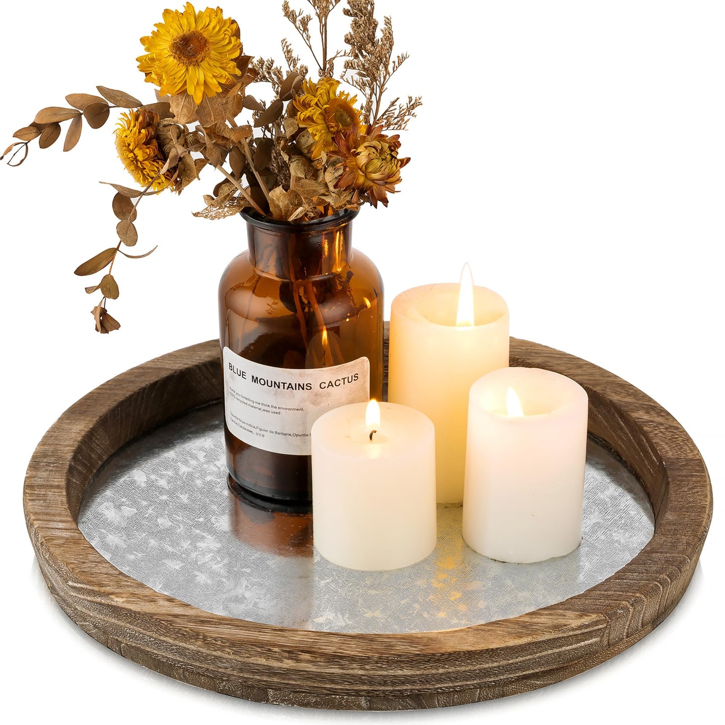 Hanobe Candle Plate Holder Tray: Round Wood Decorative Candle Plate - Rustic Farmhouse CoffeeTable Decor - Tealight Pillar Trays for Home Decor (Distressed)