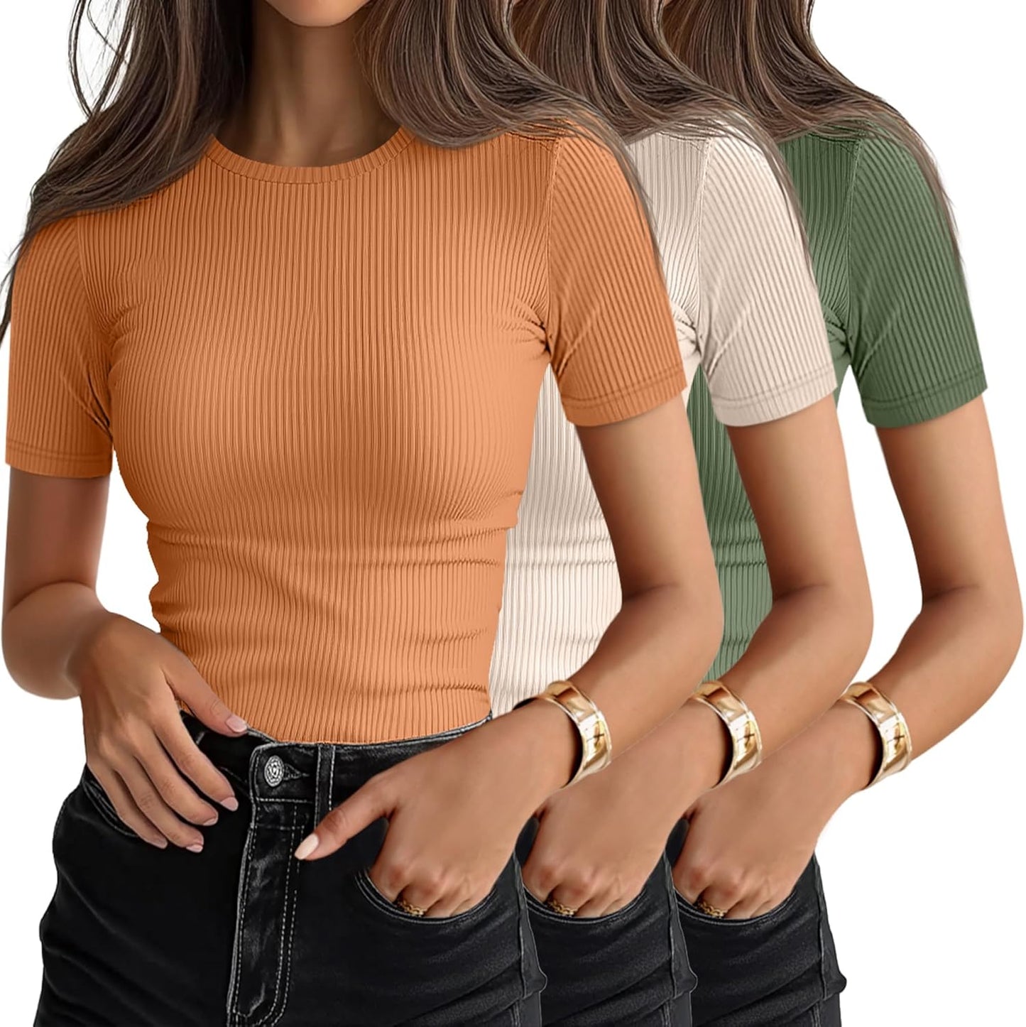 Ficerd 3 Pack Women's Ribbed T-Shirts, Cotton Short Sleeve Basic Tees Crewneck Fitted Tops Casual Shirts 2026 Summer Trendy