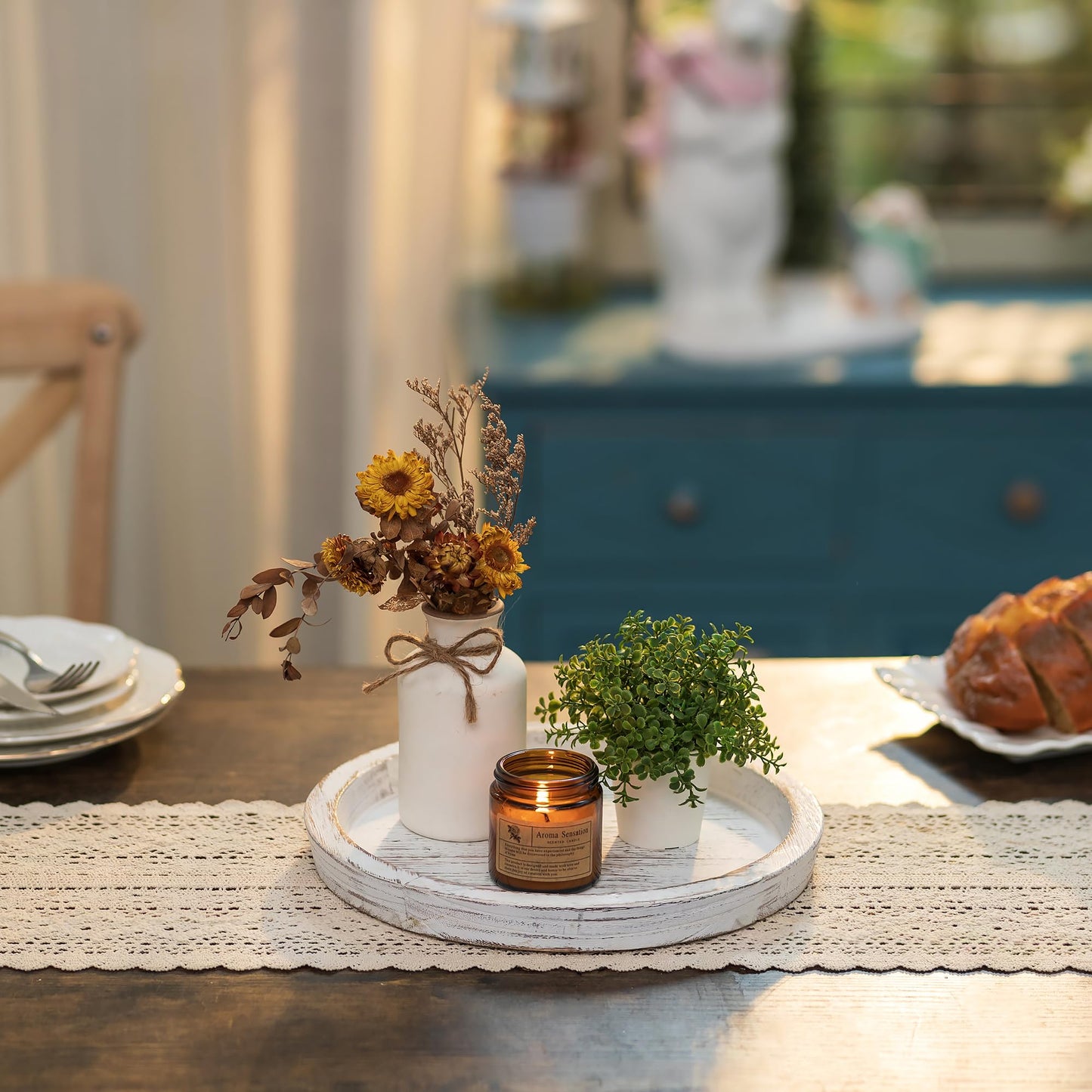 Hanobe Candle Plate Holder Tray: Round Wood Decorative Candle Plate - Rustic Farmhouse CoffeeTable Decor - Tealight Pillar Trays for Home Decor (Distressed)