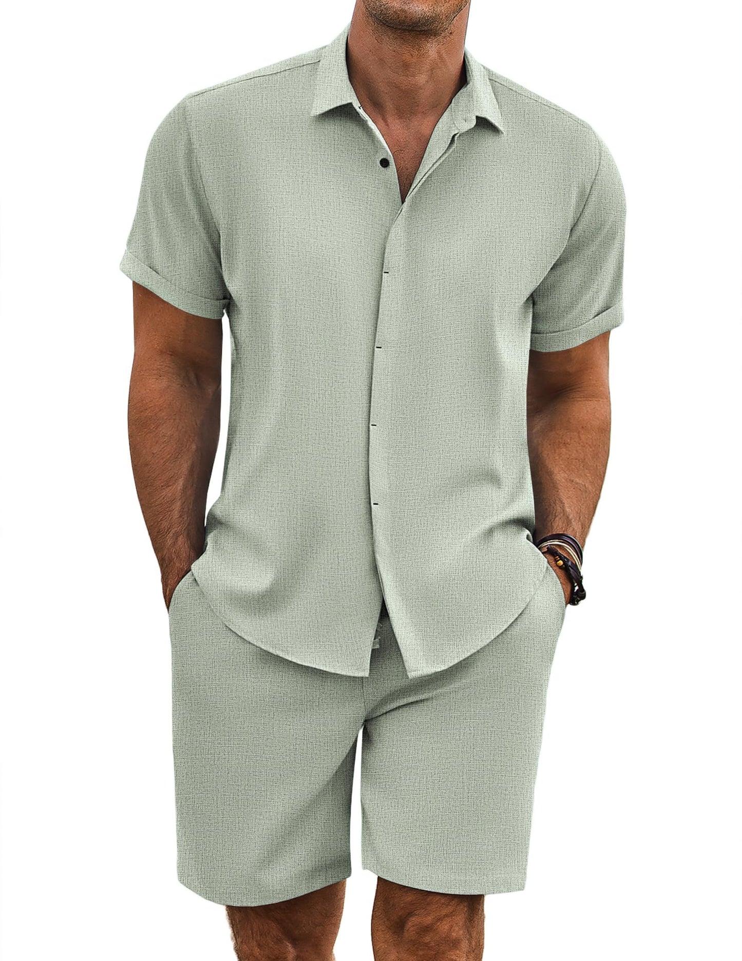 COOFANDY Men's Summer Beach Outfits 2 Piece Short Sleeve Shirts and Shorts Vacation Texture Linen Sets for Men