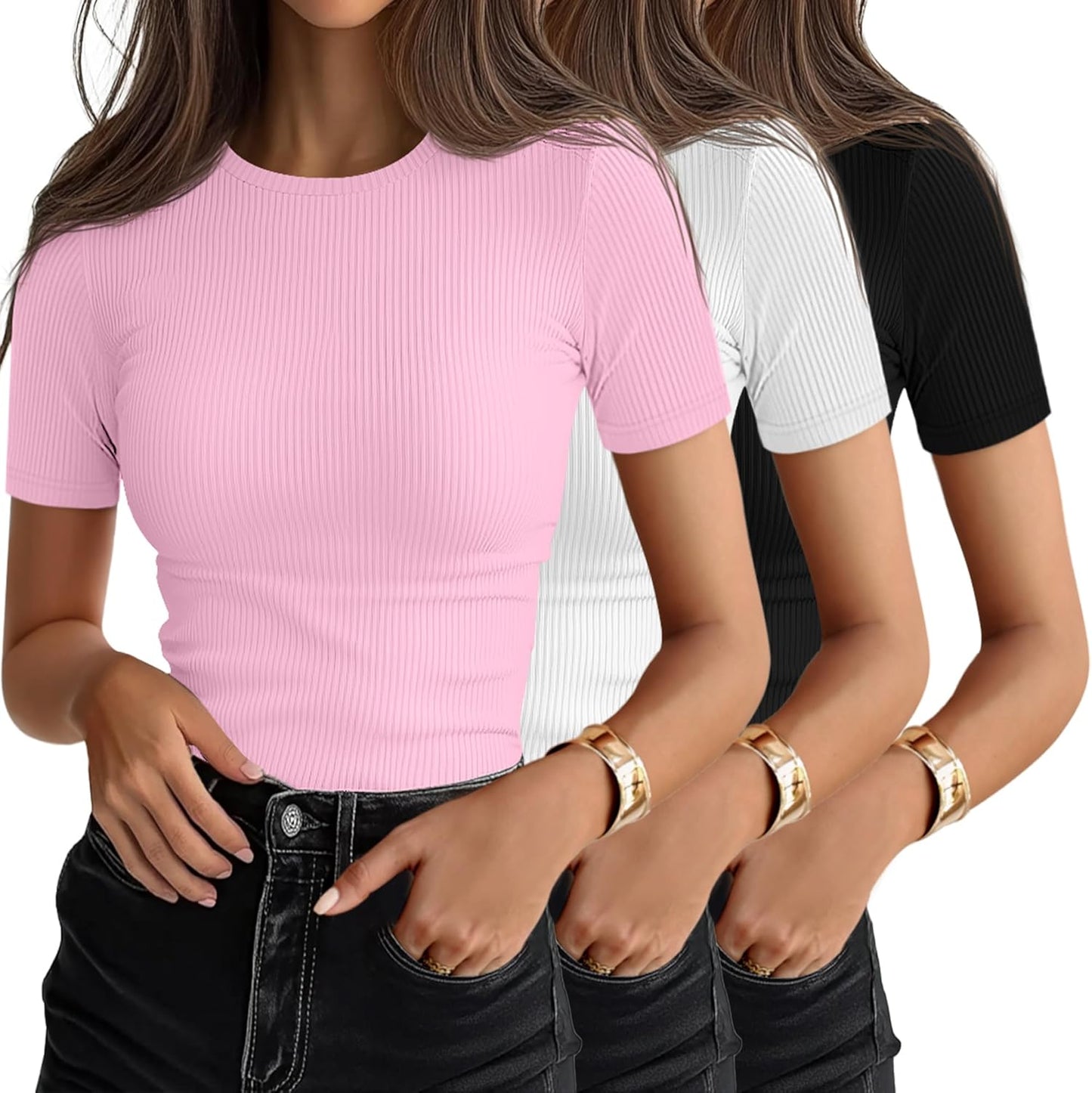 Ficerd 3 Pack Women's Ribbed T-Shirts, Cotton Short Sleeve Basic Tees Crewneck Fitted Tops Casual Shirts 2026 Summer Trendy