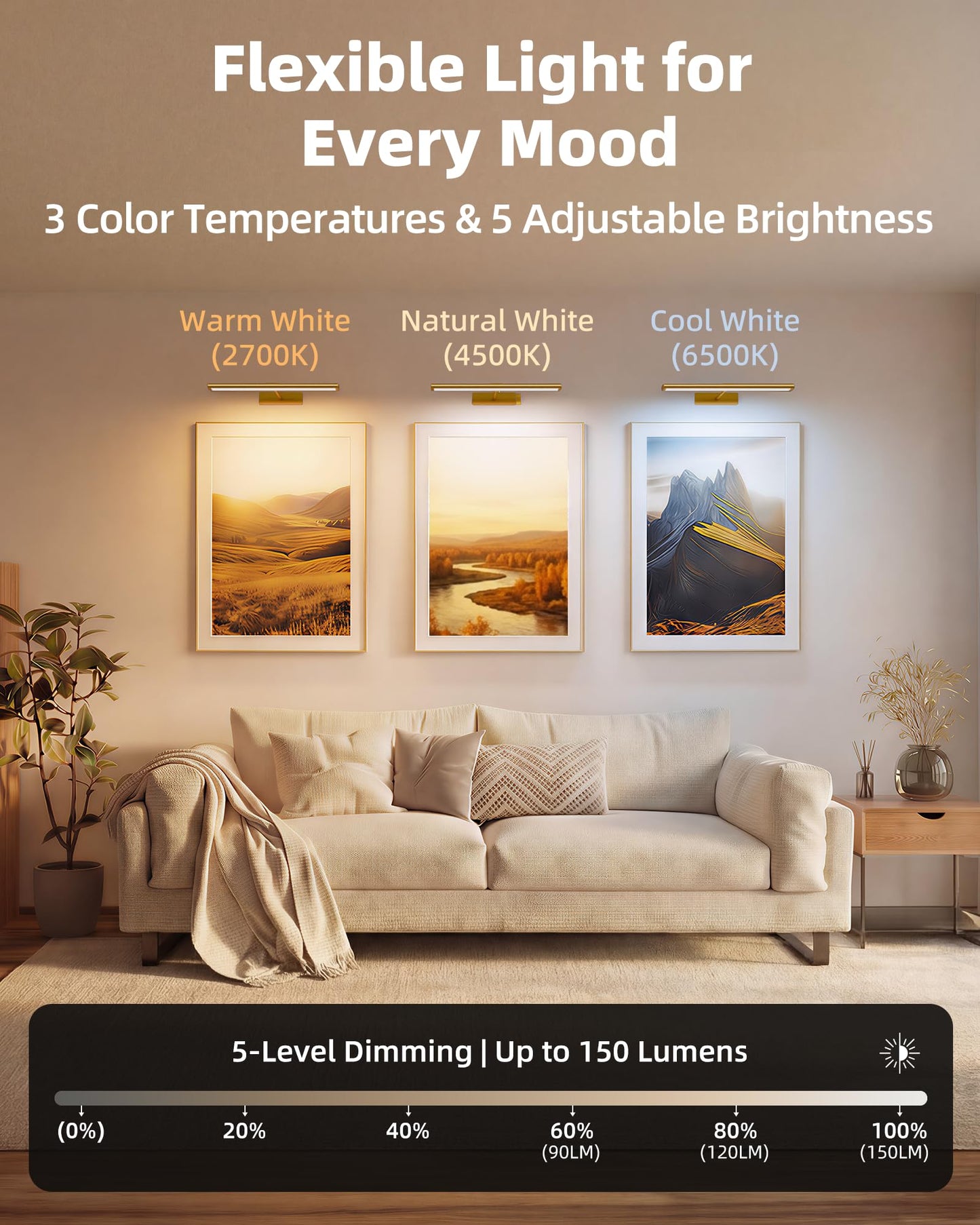 EZVALO Picture Light for Wall, 4800mAh Rechargeable Wireless Remote, 16in Dimmable Magnetic LED Art Display Light with 3 Color Temperatures, for Gallery, Living Room, Bedroom, Hallway (Gold)