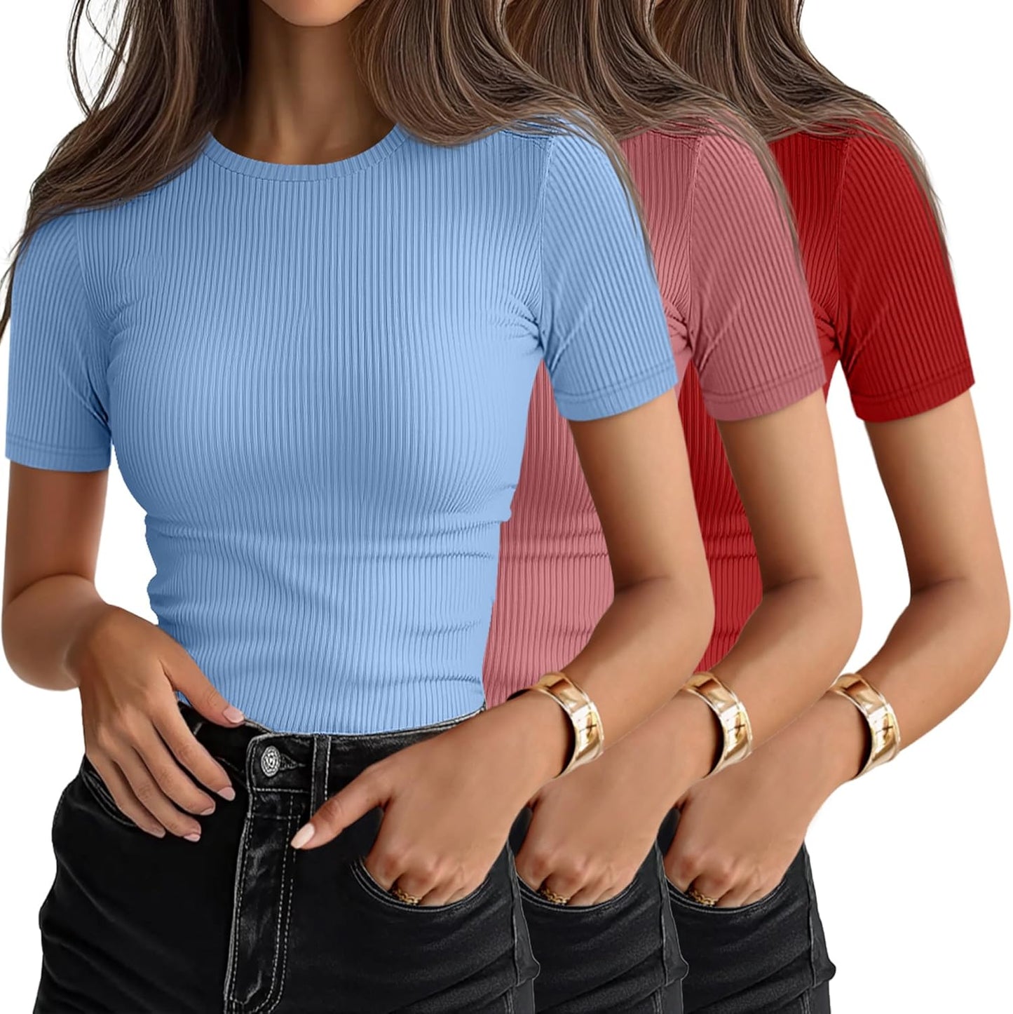 Ficerd 3 Pack Women's Ribbed T-Shirts, Cotton Short Sleeve Basic Tees Crewneck Fitted Tops Casual Shirts 2026 Summer Trendy
