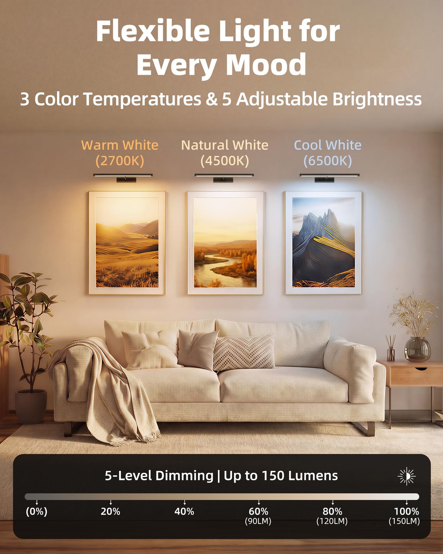 EZVALO Picture Light for Wall, 4800mAh Rechargeable Wireless Remote, 16in Dimmable Magnetic LED Art Display Light with 3 Color Temperatures, for Gallery, Living Room, Bedroom, Hallway (Gold)