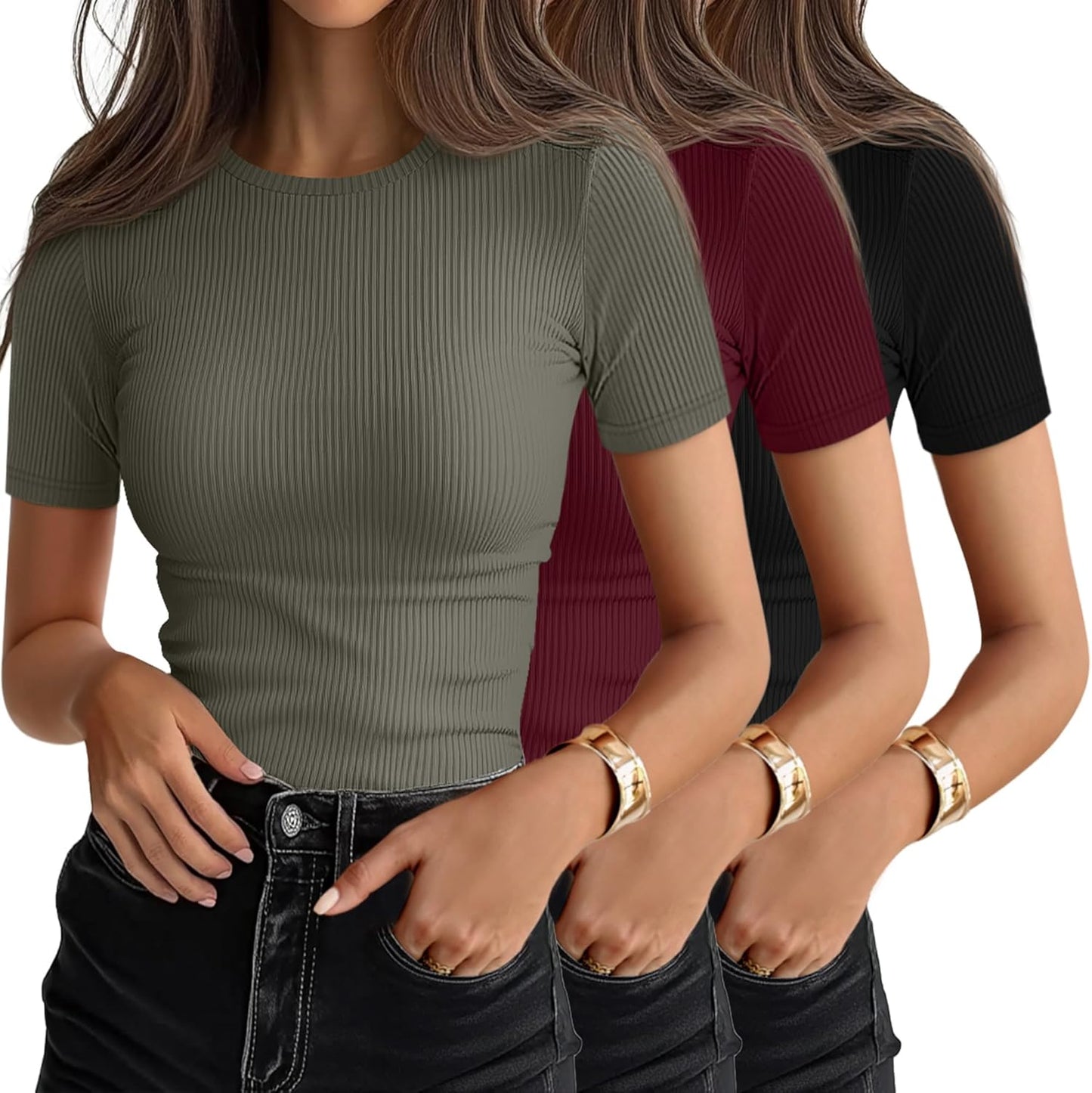 Ficerd 3 Pack Women's Ribbed T-Shirts, Cotton Short Sleeve Basic Tees Crewneck Fitted Tops Casual Shirts 2026 Summer Trendy
