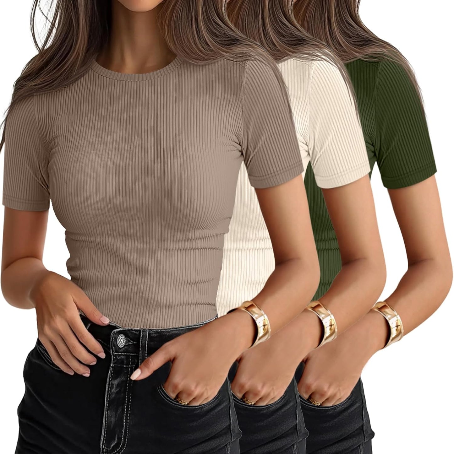 Ficerd 3 Pack Women's Ribbed T-Shirts, Cotton Short Sleeve Basic Tees Crewneck Fitted Tops Casual Shirts 2026 Summer Trendy