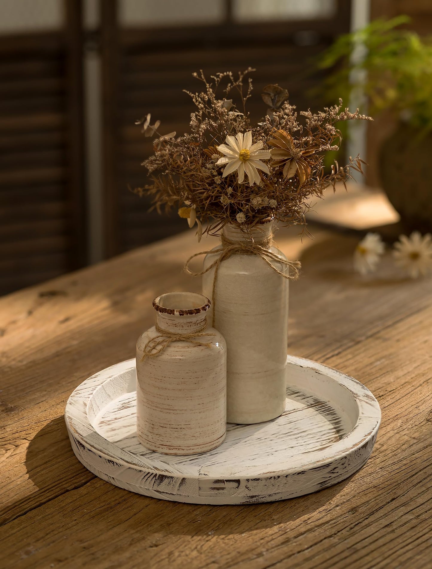 Hanobe Candle Plate Holder Tray: Round Wood Decorative Candle Plate - Rustic Farmhouse CoffeeTable Decor - Tealight Pillar Trays for Home Decor (Distressed)