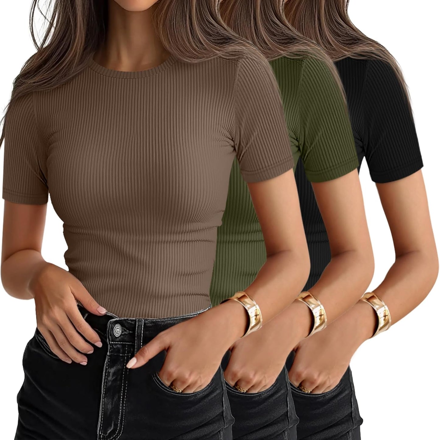 Ficerd 3 Pack Women's Ribbed T-Shirts, Cotton Short Sleeve Basic Tees Crewneck Fitted Tops Casual Shirts 2026 Summer Trendy
