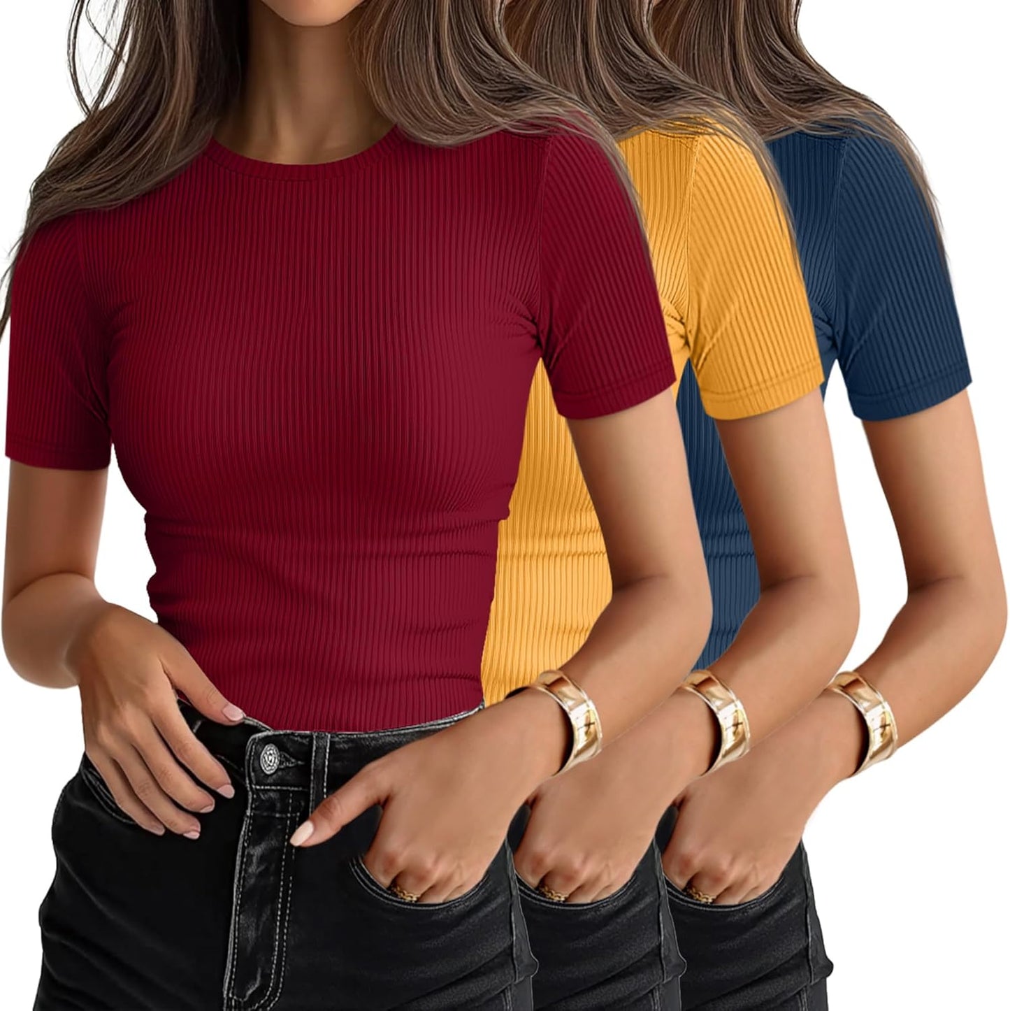 Ficerd 3 Pack Women's Ribbed T-Shirts, Cotton Short Sleeve Basic Tees Crewneck Fitted Tops Casual Shirts 2026 Summer Trendy