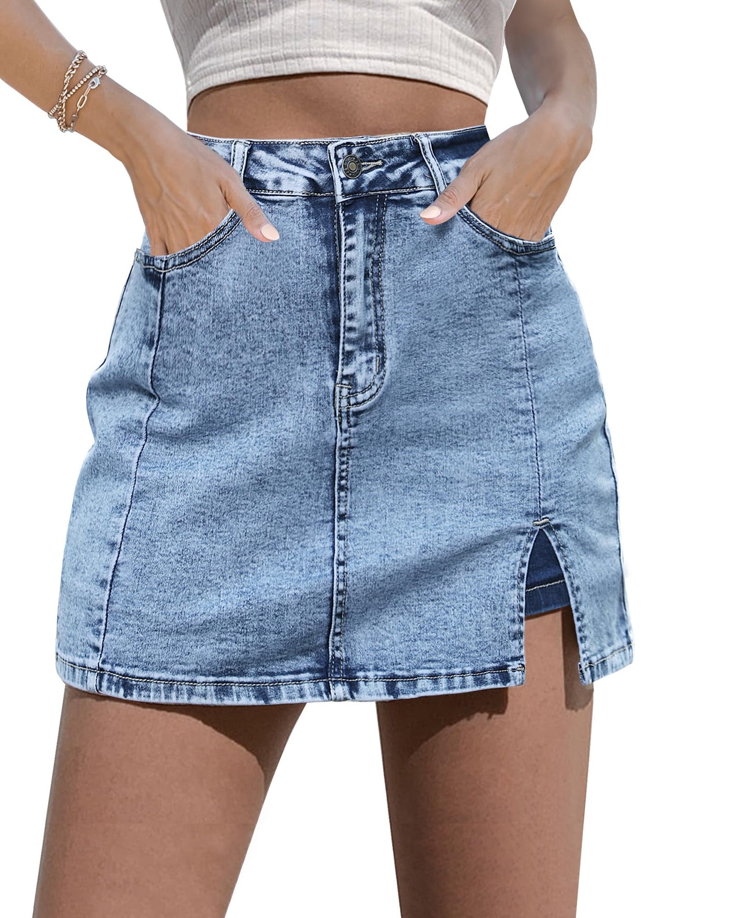 luvamia Skorts Skirts for Women Denim Mini Skirt Side Slit with High Waisted Jean Shorts Stretchy