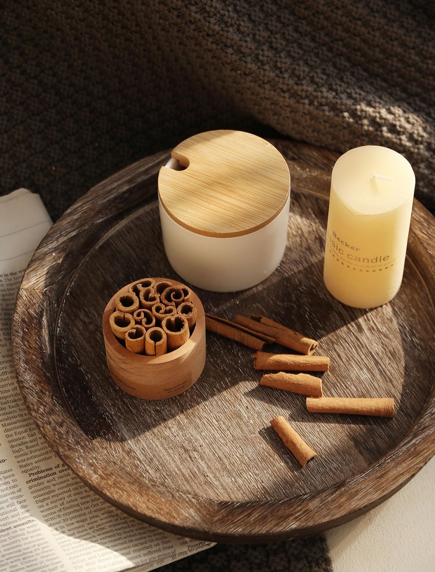 Hanobe Candle Plate Holder Tray: Round Wood Decorative Candle Plate - Rustic Farmhouse CoffeeTable Decor - Tealight Pillar Trays for Home Decor (Distressed)