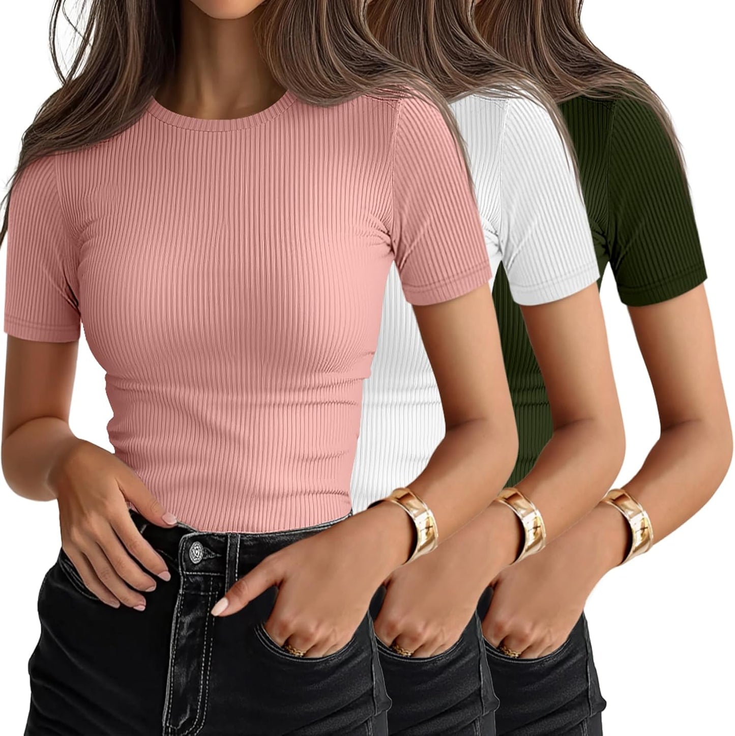Ficerd 3 Pack Women's Ribbed T-Shirts, Cotton Short Sleeve Basic Tees Crewneck Fitted Tops Casual Shirts 2026 Summer Trendy