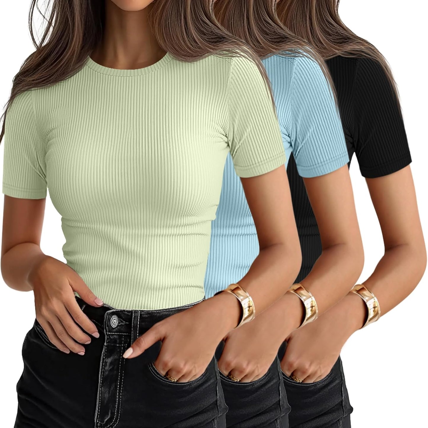 Ficerd 3 Pack Women's Ribbed T-Shirts, Cotton Short Sleeve Basic Tees Crewneck Fitted Tops Casual Shirts 2026 Summer Trendy