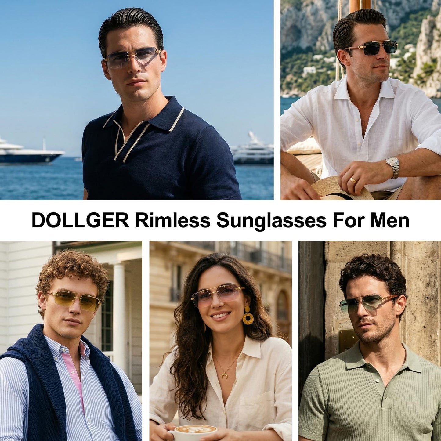Dollger Rimless Sunglasses for Men Square Fashion Shades Tinted Lens Metal Frameless Rectangle Glasses UV400