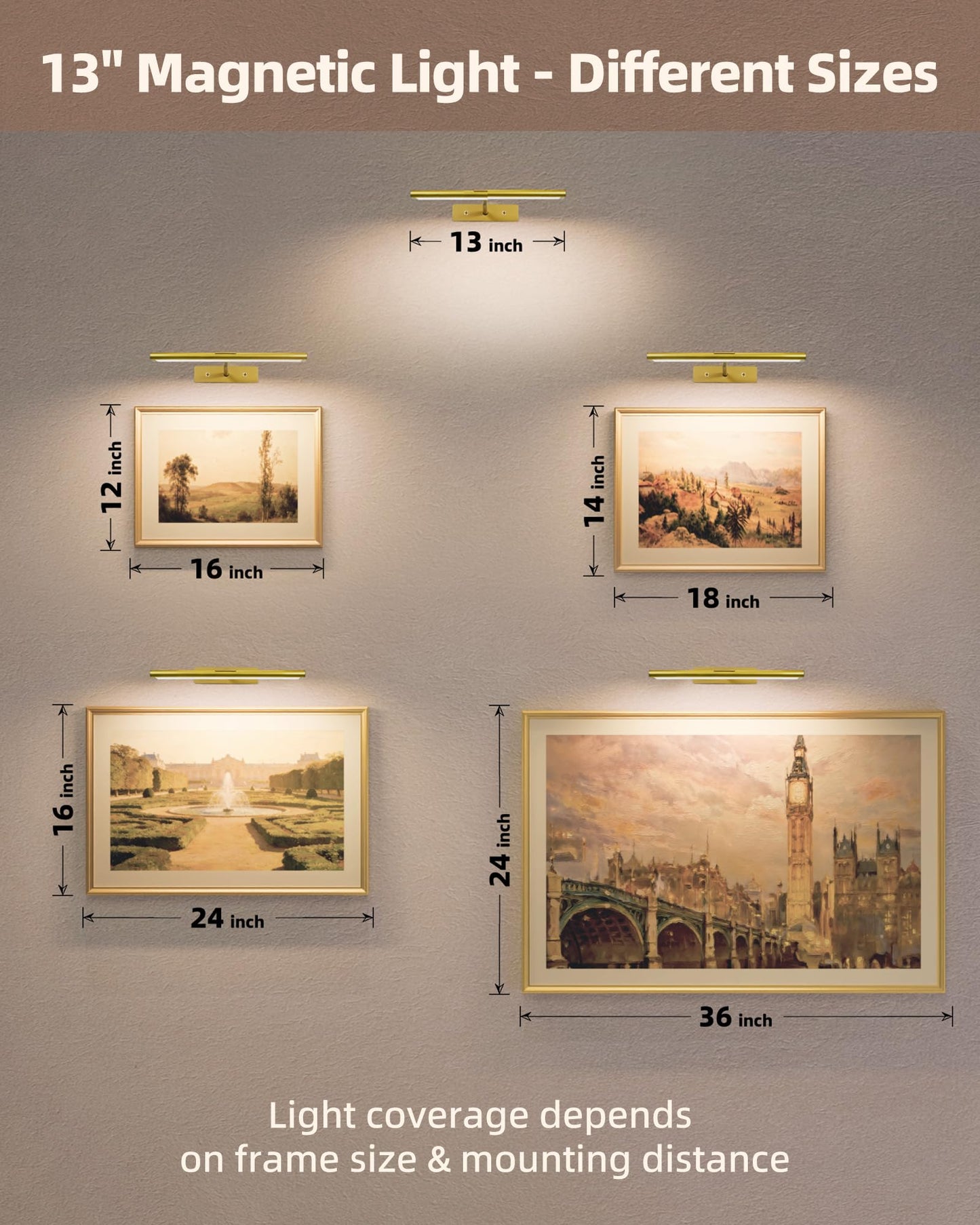 EZVALO Picture Light for Wall, 4800mAh Rechargeable Wireless Remote, 16in Dimmable Magnetic LED Art Display Light with 3 Color Temperatures, for Gallery, Living Room, Bedroom, Hallway (Gold)