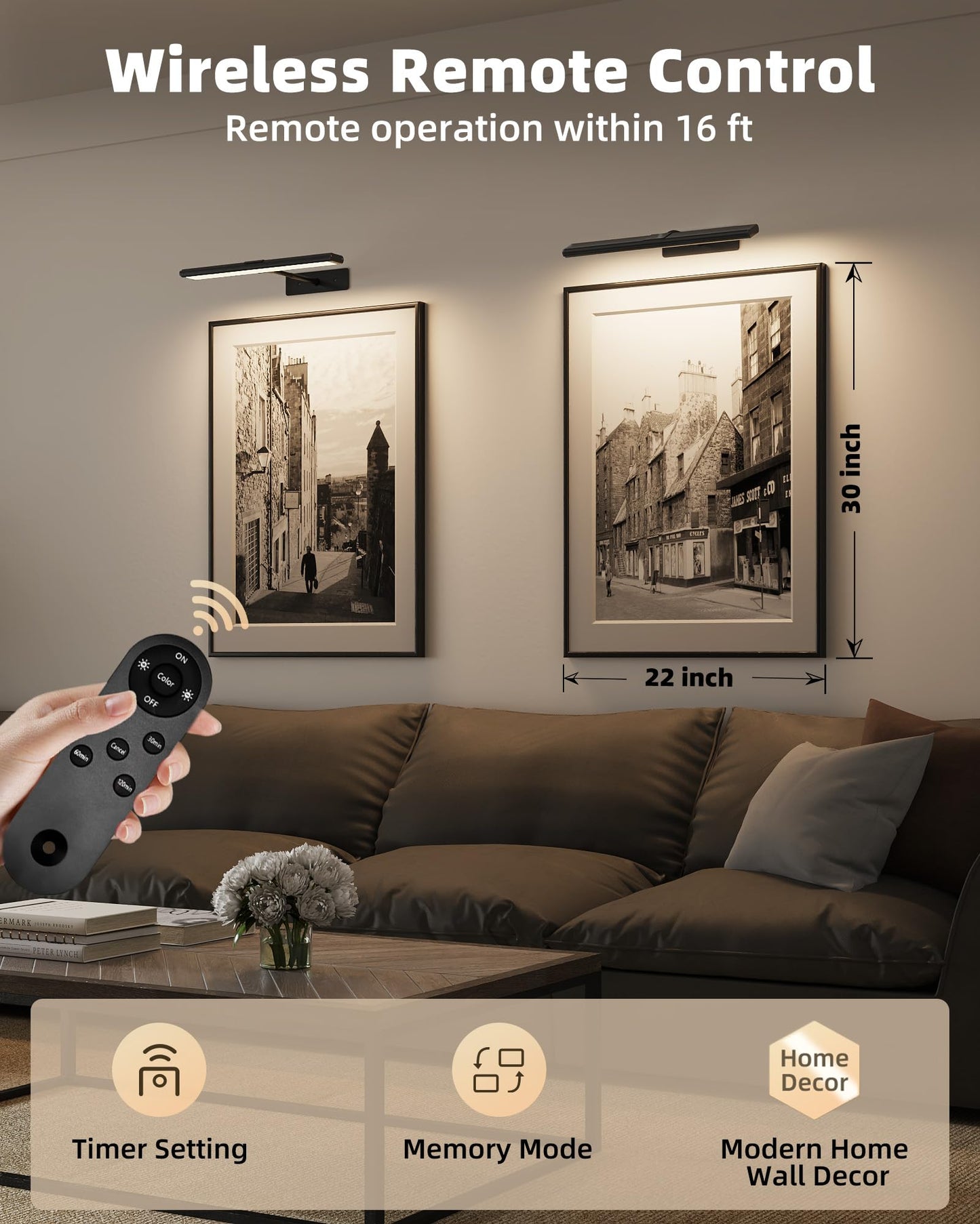 EZVALO Picture Light for Wall, 4800mAh Rechargeable Wireless Remote, 16in Dimmable Magnetic LED Art Display Light with 3 Color Temperatures, for Gallery, Living Room, Bedroom, Hallway (Gold)