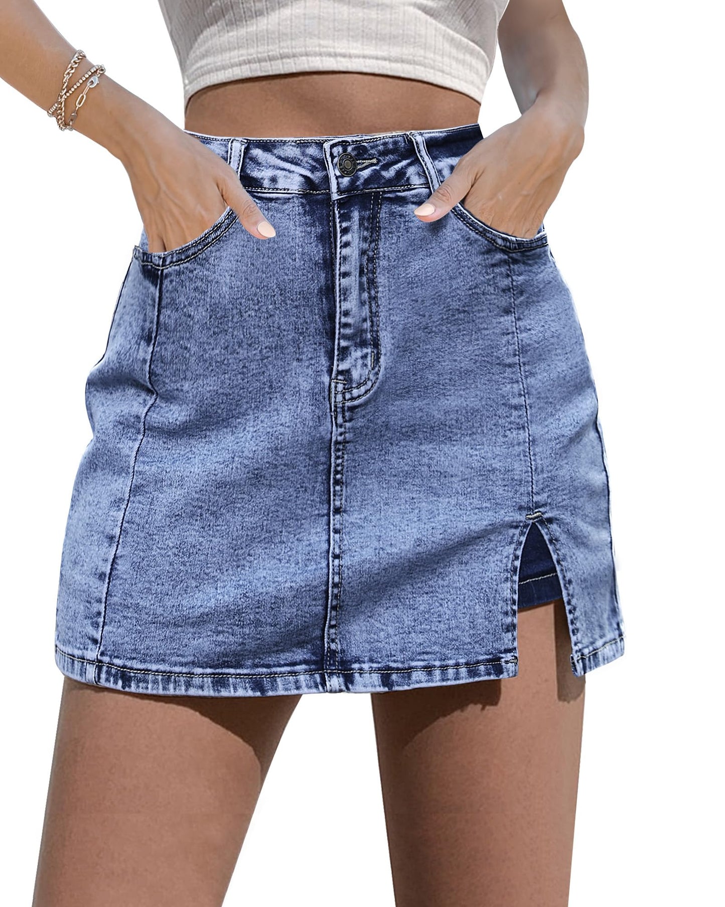 luvamia Skorts Skirts for Women Denim Mini Skirt Side Slit with High Waisted Jean Shorts Stretchy